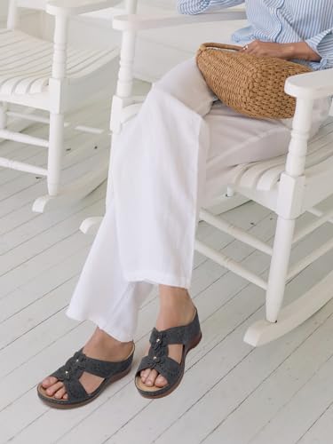 TEMOFON Womens Wedge Sandals Leather: Casual Dressy Women Gray Summer Platform Wedge Sandals Slip on Low Heels Comfortable Walking Size 7