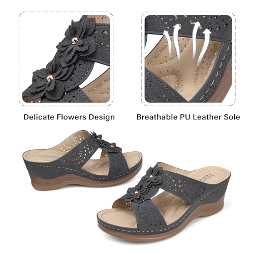 TEMOFON Womens Wedge Sandals Leather: Casual Dressy Women Gray Summer Platform Wedge Sandals Slip on Low Heels Comfortable Walking Size 7