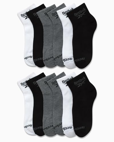Reebok Boy's Cushioned Comfort Quarter Basic Socks With Reinforced Heel And Toe (12 Pack), Size Large, BlackGreyWhite