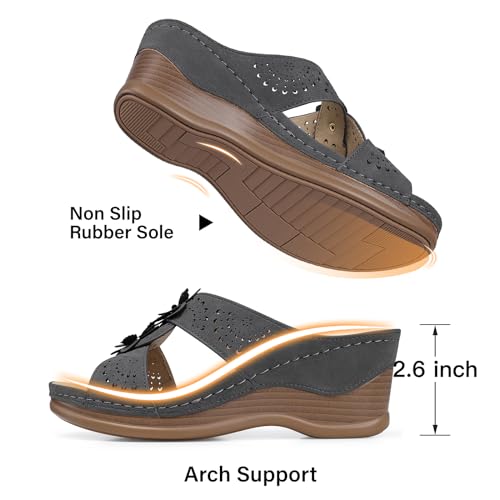 TEMOFON Womens Wedge Sandals Leather: Casual Dressy Women Gray Summer Platform Wedge Sandals Slip on Low Heels Comfortable Walking Size 7