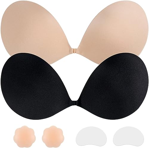 YODOOLTLY Adhesive Push Up Sticky Bra 2 Pairs Strapless Bra Invisible Backless Silicone Bra with Nipple Covers for Women D Black Nude