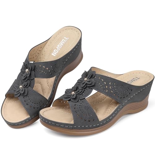 TEMOFON Womens Wedge Sandals Leather: Casual Dressy Women Gray Summer Platform Wedge Sandals Slip on Low Heels Comfortable Walking Size 7