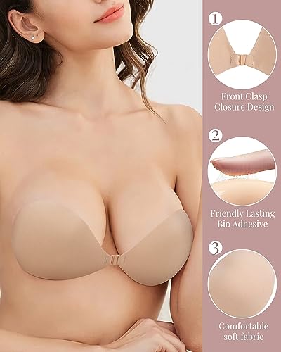 YODOOLTLY Adhesive Push Up Sticky Bra 2 Pairs Strapless Bra Invisible Backless Silicone Bra with Nipple Covers for Women D Black Nude