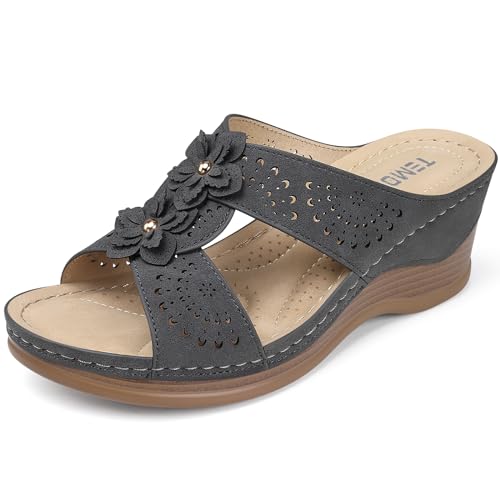 TEMOFON Womens Wedge Sandals Leather: Casual Dressy Women Gray Summer Platform Wedge Sandals Slip on Low Heels Comfortable Walking Size 7