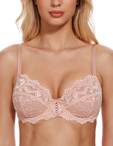 Wingslove Women's Sexy Lace Bra Non Padded Underwire Unlined Bra Full Coverage Plus Size Lace Bralette (Pink Nude,36D)