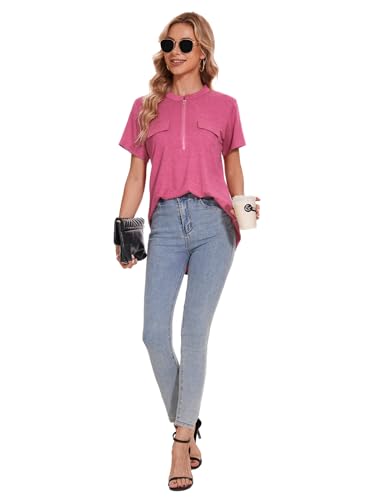 ZENNILO Women's Shirt Zip Plaid V Neck Short Sleeve Casual Summer Tunic Tops Blouse