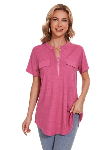 ZENNILO Women's Shirt Zip Plaid V Neck Short Sleeve Casual Summer Tunic Tops Blouse