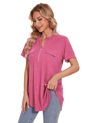 ZENNILO Women's Shirt Zip Plaid V Neck Short Sleeve Casual Summer Tunic Tops Blouse