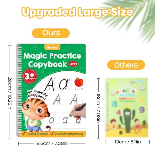 Large Magic Grooved Practice Copybook 5 Pack with Pens, Reusable Children's Magic Copybooks, Magical Handwriting Workbooks Number Letter Tracing for Kids Age 3-8 Kindergarten Preschool Calligraphy