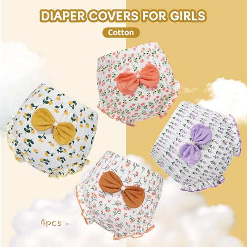 Durio 4Pcs Diaper Covers for Girls Baby Bloomers for Toddler Girls Ruffle Cute Cotton Baby Girl Shorts Toddler Girl Bloomers D Bow Floral 12-24 Months