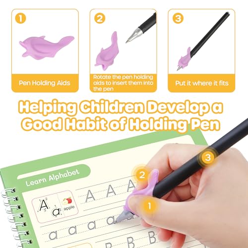 Large Magic Grooved Practice Copybook 5 Pack with Pens, Reusable Children's Magic Copybooks, Magical Handwriting Workbooks Number Letter Tracing for Kids Age 3-8 Kindergarten Preschool Calligraphy