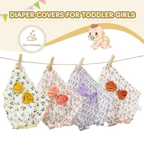 Durio 4Pcs Diaper Covers for Girls Baby Bloomers for Toddler Girls Ruffle Cute Cotton Baby Girl Shorts Toddler Girl Bloomers D Bow Floral 12-24 Months