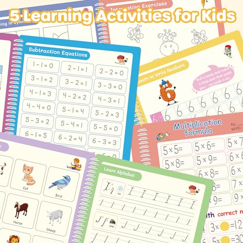 Large Magic Grooved Practice Copybook 5 Pack with Pens, Reusable Children's Magic Copybooks, Magical Handwriting Workbooks Number Letter Tracing for Kids Age 3-8 Kindergarten Preschool Calligraphy