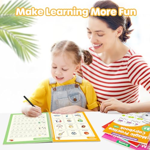 Large Magic Grooved Practice Copybook 5 Pack with Pens, Reusable Children's Magic Copybooks, Magical Handwriting Workbooks Number Letter Tracing for Kids Age 3-8 Kindergarten Preschool Calligraphy