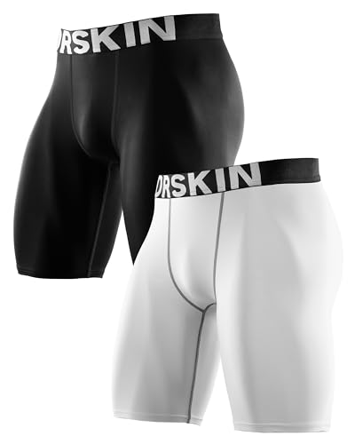 DRSKIN Men's 2 Pack Compression Shorts Pants Tights Leggings Sports Running Active Baselayer Workout (Line (BB301+WH311), S)
