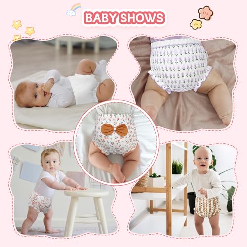 Durio 4Pcs Diaper Covers for Girls Baby Bloomers for Toddler Girls Ruffle Cute Cotton Baby Girl Shorts Toddler Girl Bloomers D Bow Floral 12-24 Months