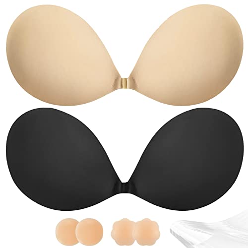 Adhesive Bra Push Up for Women 2 Pair, Sticky Invisible Lifting Bra, Backless Strapless Bras for Wedding Dress with Nipple Covers Reusable (Black+Nude/D)