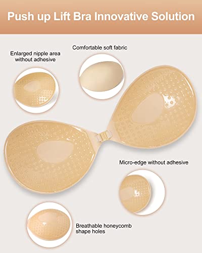 Adhesive Bra Push Up for Women 2 Pair, Sticky Invisible Lifting Bra, Backless Strapless Bras for Wedding Dress with Nipple Covers Reusable (Black+Nude/D)