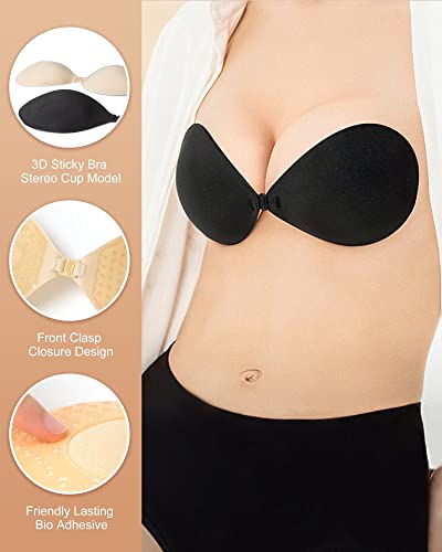Adhesive Bra Push Up for Women 2 Pair, Sticky Invisible Lifting Bra, Backless Strapless Bras for Wedding Dress with Nipple Covers Reusable (Black+Nude/D)