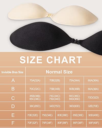 Adhesive Bra Push Up for Women 2 Pair, Sticky Invisible Lifting Bra, Backless Strapless Bras for Wedding Dress with Nipple Covers Reusable (Black+Nude/D)
