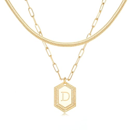MYEARS Women Layered Necklace Gold Italian Snake Chain Choker Initial Hexagon Halo Radiant Pendant 14K Gold Plated Simple Dainty Paperclip Everyday Trendy Jewelry Letter D