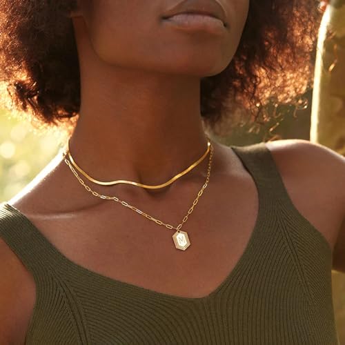MYEARS Women Layered Necklace Gold Italian Snake Chain Choker Initial Hexagon Halo Radiant Pendant 14K Gold Plated Simple Dainty Paperclip Everyday Trendy Jewelry Letter D