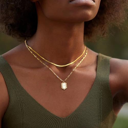 MYEARS Women Layered Necklace Gold Italian Snake Chain Choker Initial Hexagon Halo Radiant Pendant 14K Gold Plated Simple Dainty Paperclip Everyday Trendy Jewelry Letter D
