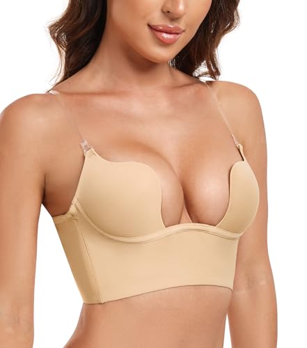 HANSCA Women's Deep plunge Low Cut Backless Bra Push Up Seamless Underwire Bra with Padded Convertible (Nude, 34D)