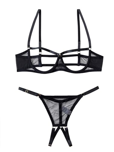 Lilosy Women's Sexy Underwire Floral Lace Sheer Lingerie Set See Through Bra and Panty 2 Piece Mesh Black Small