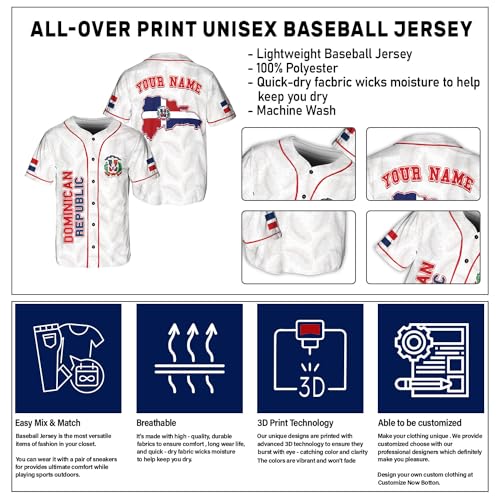 Custom Dominican Republic Jersey for Men Dominicana Republic Baseball Shirt for Team Dominican Flag Jerseys Women 3D (DMC3)