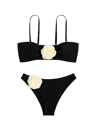 BEAUDRM Women's 2 Piece Bikini Set High Waisted Bathing Suit Tie Back 3D Rose High Cut Thong Bikini Swimsuit Beachwear Black C X-Large