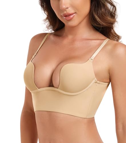 HANSCA Women's Deep plunge Low Cut Backless Bra Push Up Seamless Underwire Bra with Padded Convertible (Nude, 34D)