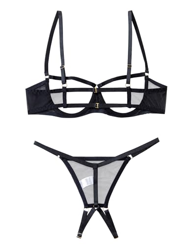 Lilosy Women's Sexy Underwire Floral Lace Sheer Lingerie Set See Through Bra and Panty 2 Piece Mesh Black Small