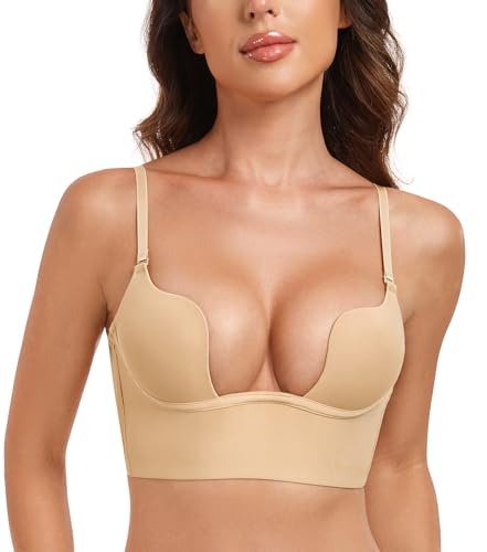 HANSCA Women's Deep plunge Low Cut Backless Bra Push Up Seamless Underwire Bra with Padded Convertible (Nude, 34D)