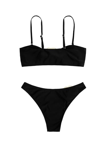 BEAUDRM Women's 2 Piece Bikini Set High Waisted Bathing Suit Tie Back 3D Rose High Cut Thong Bikini Swimsuit Beachwear Black C X-Large
