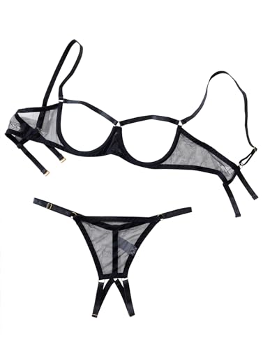 Lilosy Women's Sexy Underwire Floral Lace Sheer Lingerie Set See Through Bra and Panty 2 Piece Mesh Black Small