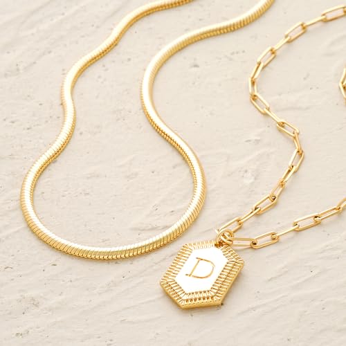 MYEARS Women Layered Necklace Gold Italian Snake Chain Choker Initial Hexagon Halo Radiant Pendant 14K Gold Plated Simple Dainty Paperclip Everyday Trendy Jewelry Letter D