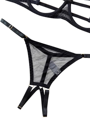 Lilosy Women's Sexy Underwire Floral Lace Sheer Lingerie Set See Through Bra and Panty 2 Piece Mesh Black Small