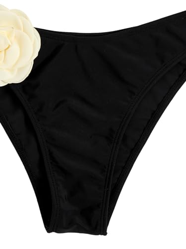 BEAUDRM Women's 2 Piece Bikini Set High Waisted Bathing Suit Tie Back 3D Rose High Cut Thong Bikini Swimsuit Beachwear Black C X-Large