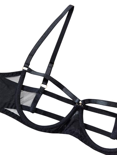 Lilosy Women's Sexy Underwire Floral Lace Sheer Lingerie Set See Through Bra and Panty 2 Piece Mesh Black Small