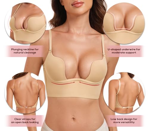 HANSCA Women's Deep plunge Low Cut Backless Bra Push Up Seamless Underwire Bra with Padded Convertible (Nude, 34D)