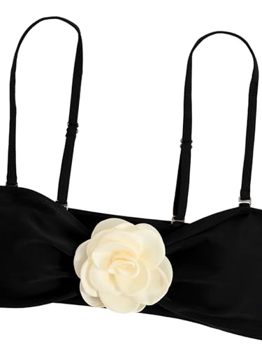 BEAUDRM Women's 2 Piece Bikini Set High Waisted Bathing Suit Tie Back 3D Rose High Cut Thong Bikini Swimsuit Beachwear Black C X-Large