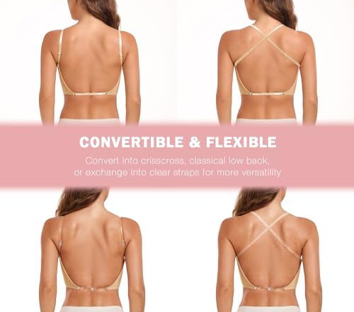 HANSCA Women's Deep plunge Low Cut Backless Bra Push Up Seamless Underwire Bra with Padded Convertible (Nude, 34D)