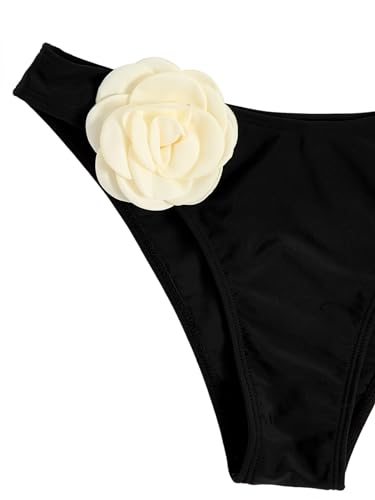 BEAUDRM Women's 2 Piece Bikini Set High Waisted Bathing Suit Tie Back 3D Rose High Cut Thong Bikini Swimsuit Beachwear Black C X-Large