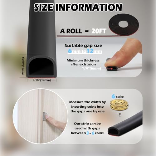 Bantie Silicone Weather Stripping Door Seal 20 FT Self Adhesive D-Shaped Strip for Door/Window Backing Seals Large Gap (from 1/4” to 15/32") Black
