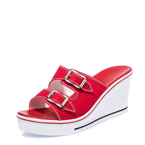 ALLINNINE Wedge Sandals for Women Open Toe Heels Double Buckle Heeled Espadrille Sandals Canvas Slip on Peep Toe Mules Casual Summer Shoes(D-Buckle Red,8)