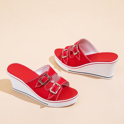 ALLINNINE Wedge Sandals for Women Open Toe Heels Double Buckle Heeled Espadrille Sandals Canvas Slip on Peep Toe Mules Casual Summer Shoes(D-Buckle Red,8)