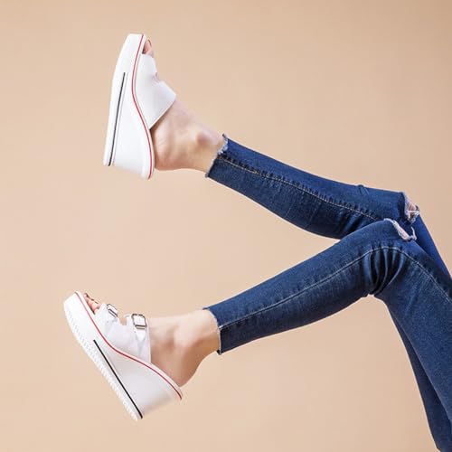 ALLINNINE Wedge Sandals for Women Open Toe Heels Double Buckle Heeled Espadrille Sandals Canvas Slip on Peep Toe Mules Casual Summer Shoes(D-Buckle Red,8)