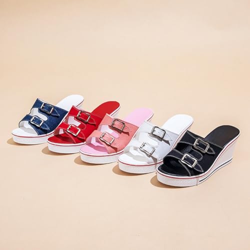 ALLINNINE Wedge Sandals for Women Open Toe Heels Double Buckle Heeled Espadrille Sandals Canvas Slip on Peep Toe Mules Casual Summer Shoes(D-Buckle Red,8)
