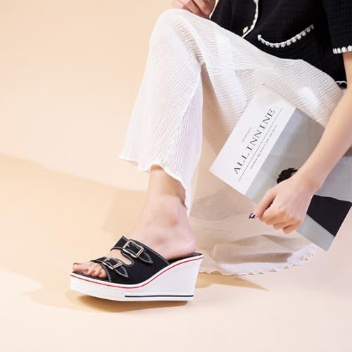 ALLINNINE Wedge Sandals for Women Open Toe Heels Double Buckle Heeled Espadrille Sandals Canvas Slip on Peep Toe Mules Casual Summer Shoes(D-Buckle Red,8)